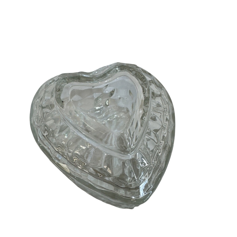 Homco Clear Glass Heart Shaped Trinket Box Diamond Cut Pattern Lid